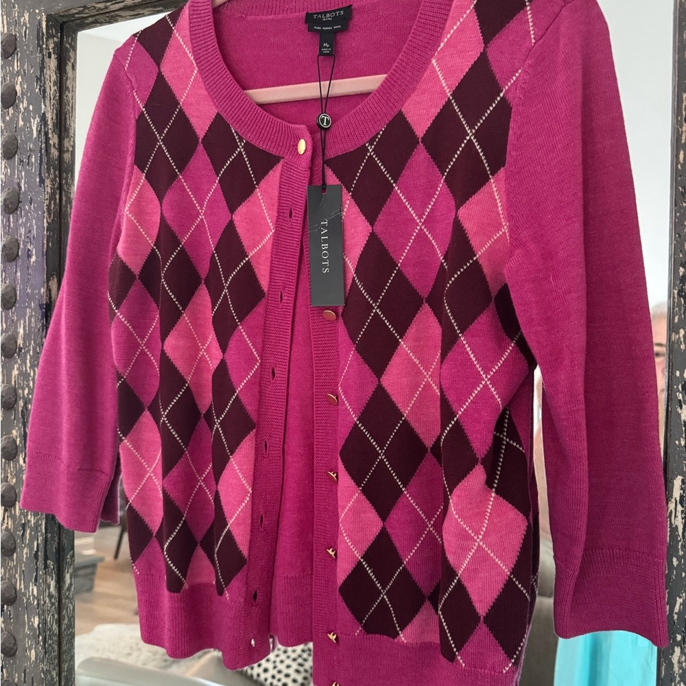 Talbots Pink and Burgundy Argyle Cardigan New with Tags